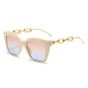 Beige oversized square sunglasses with gold chain temples and orange-blue gradient lenses