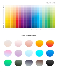 Tabella dettagliata dei codici Pantone per montature e quindici opzioni di lenti personalizzate