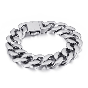 Polished silver titanium steel Cuban link bracelet for men with secure spring buckle clasp