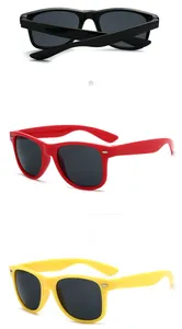 Detailed view of vintage Wayfarer sunglasses in black, red, and yellow with grey lenses