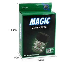 Detailed view of Magic Crash Dice toy packaging box with dimensions 18.5x12x5cm