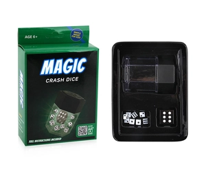 Detail view of Crash Dice magic set including packaging, large die, and small dice pieces