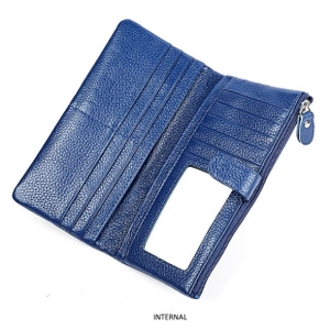 Detail view of dark blue leather wallet featuring multiple card slots and RFID protection