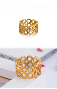 Detailed view of infinity symbol patterns on a gold plated stainless steel ring