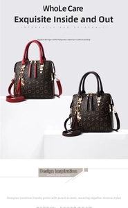 Detailed macro of vintage brown printed satchel with red handles and metal cat charm