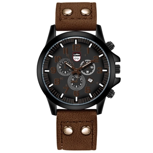 Men's vintage quartz watch with dark brown matte leather strap and black chronograph dial