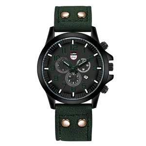 Detail of dark green matte leather strap with vintage metal rivets on quartz watch