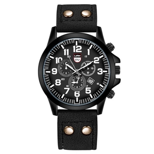 Men's tactical chronograph watch with black matte case and rivet leather strap