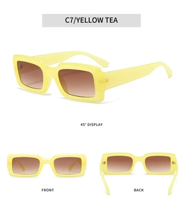 Detailed multi-angle views of yellow tea rectangle sunglasses in modern small frame style
