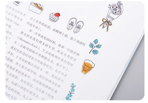 Detail of watercolor hand-drawn stickers showing flowers and desserts on washi paper