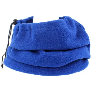 Close-up of blue fleece neck warmer with adjustable drawstring and plastic toggle cord lock