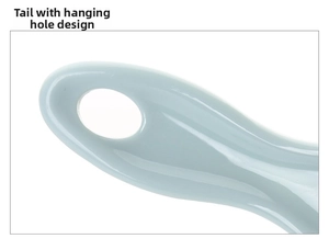 Detail view of light blue ceramic peeler handle featuring a round hanging hole for storage