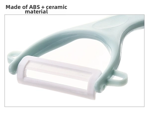 Detailed close-up of a blue ceramic peeler blade made of sharp white ceramic and ABS material