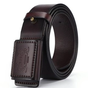 Detail view of the premium dark brown leather belt with a rectangular leather wrap buckle