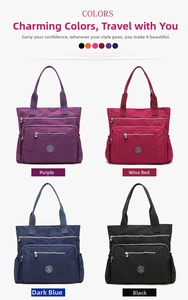 Collection of nylon tote bags in purple, wine red, dark blue, and black colors