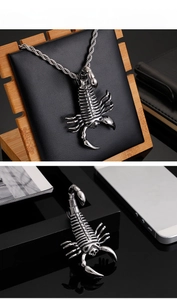 Detailed view of silver scorpion pendant with heavy twisted rope chain for men