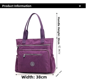 Detailed size chart for purple nylon tote bag measuring 38cm width and 38cm height