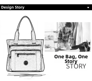 Detail sketch and design concept of multi-zipper nylon tote bag with front zip pockets