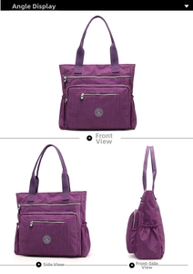 Detailed views of purple nylon tote bag showing front and side multi-pocket storage