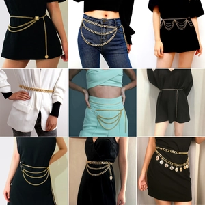 Detail grid of layered gold metal waist chains and body chains with coin pendants