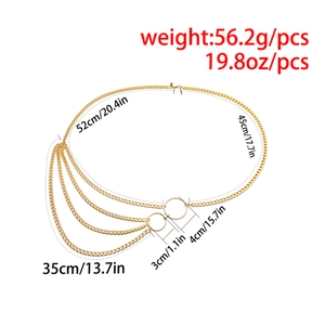 Detailed view of layered gold body chain with length and weight measurements marked
