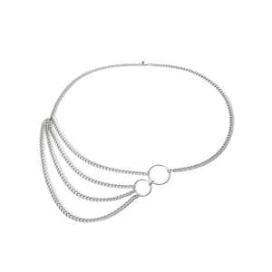 Detail of silver multilayered metal waist chain with triple draped design and ring links