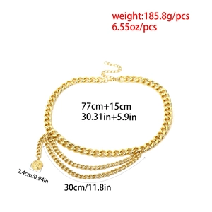 Detailed view of multilayer gold waist chain dimensions with length and weight info