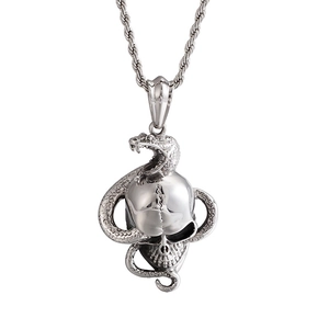 Punk style silver necklace featuring a detailed snake coiled around a skull pendant