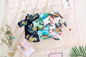 Detail of Hawaii style pet shirts set with pineapple prints and pearl bead hangers