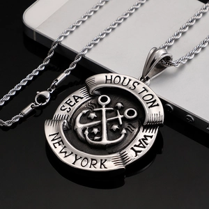 Men's silver titanium steel anchor pendant necklace with round tag on a twist chain