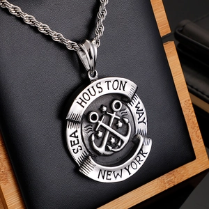 Mens silver stainless steel anchor and rudder pendant necklace with twisted chain