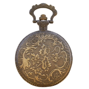 Vintage bronze pocket watch with intricate floral and leaf relief carvings on the cover