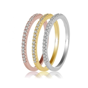 Three minimalist gold plated stacking rings with micro-set AAA zircon in silver and gold