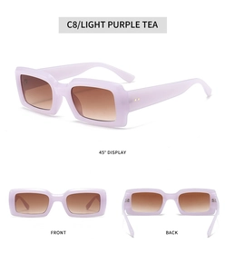 Detail view of light purple rectangular sunglasses with tea gradient lenses in multiple angles
