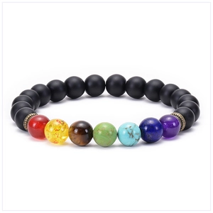 Detailed macro view of Seven Chakra beaded bracelet with black lava stones and bronze spacers
