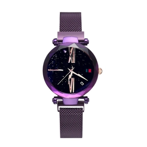 Detail of purple starry sky dial with Roman numerals and magnetic Milanese watch band