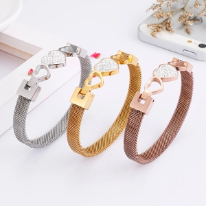 Fashion mesh strap bracelets with zircon heart charms in silver, gold, and rose gold finishes