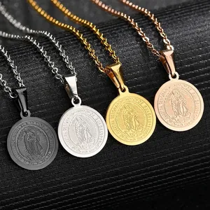Collar Con Colgante De Nuestra Señora De Guadalupe Acero Inoxidable Chapado En Oro De 18K Moneda Redonda Joyería Religiosa Retro