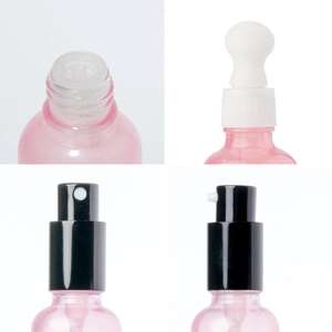 Pink glass spray and dropper bottles set with mist pumps and white rubber pipette
