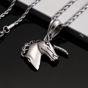 Polished silver unicorn pendant necklace in stainless steel with a twisted rope chain