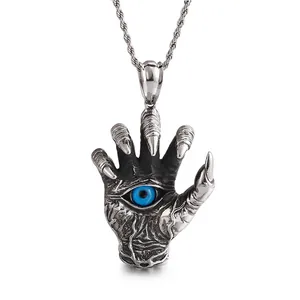 Gothic Devil Hand Dragon Claw Pendant Necklace With Blue Eye Stainless Steel Punk Jewelry For Men
