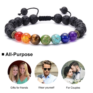 Braided chakra bracelet with lava stone beads and multi-colored natural agate stones