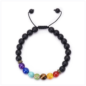 Detail of adjustable braided chakra bracelet with black matte beads and colorful stones