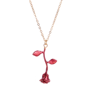 Golden necklace featuring a 3D red rose pendant with delicate leaves on a white background