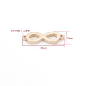 Gold infinity charm connector for DIY jewelry, measuring 21mm by 7mm with 1.2mm holes