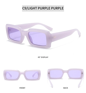 Detailed views of light purple rectangle sunglasses showing front, back and 45-degree angles
