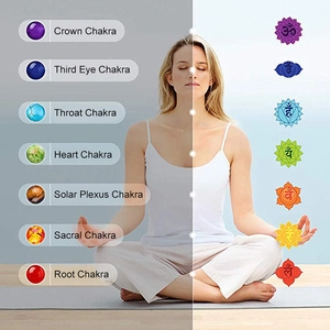 Detail view of seven chakra healing stones set with meditation symbols and labels