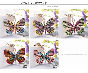 Detail showing five colorful butterfly keychains with rhinestones and alloy bases