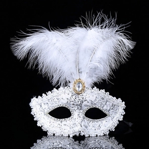 Venetian style white lace masquerade mask with elegant feathers and center rhinestone