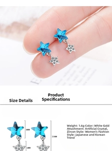 Blue crystal star earrings detailed size view with 20mm total length and macro shot